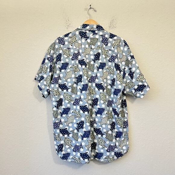 Vintage GUESS Shirt Blue Fish Floral All Over Print Button Up Cotton USA - Picture 2 of 11
